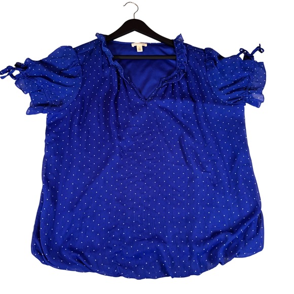 Tamara H Women's Blue Polka Dot Ruffle Tie Sleeve Sheer Blouse Top size 1X - Picture 1 of 6
